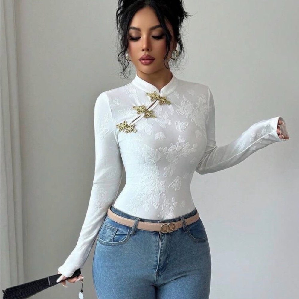 SHEIN White Floral Embroidered Blouse